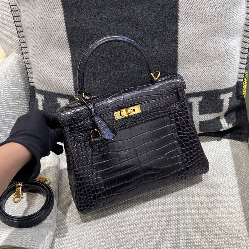 【極致天菜】HERMES 25CM KELLY 鱷魚 霧面 稀有黑紫色-6