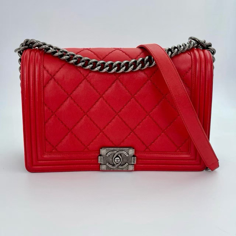 「JL精品代購」香奈兒紅色牛皮leboy 做舊五金-0