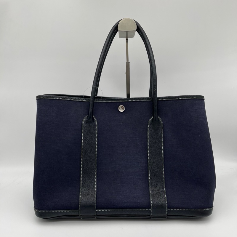 「JL精品代購」愛馬仕深藍色帆布拼皮花園36手提托特包-3
