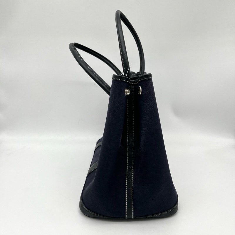 「JL精品代購」愛馬仕深藍色帆布拼皮花園36手提托特包-5