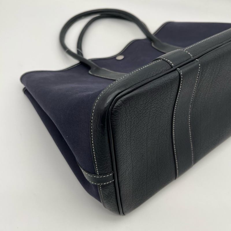 「JL精品代購」愛馬仕深藍色帆布拼皮花園36手提托特包-7