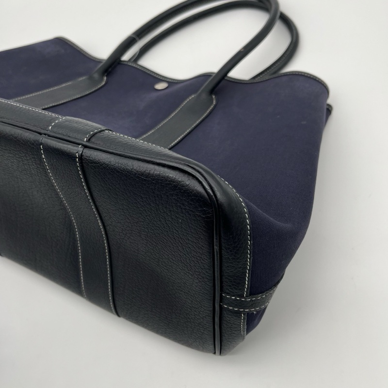 「JL精品代購」愛馬仕深藍色帆布拼皮花園36手提托特包-8