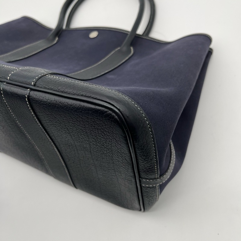 「JL精品代購」愛馬仕深藍色帆布拼皮花園36手提托特包-10