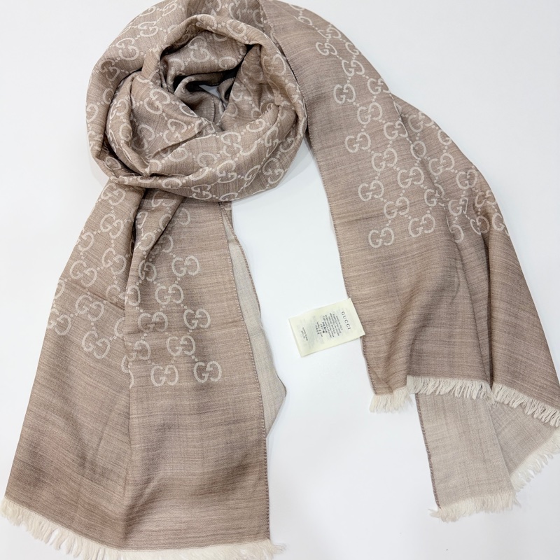 gucci 雙面 logo 羊絨 燕麥色 圍巾 披肩-8