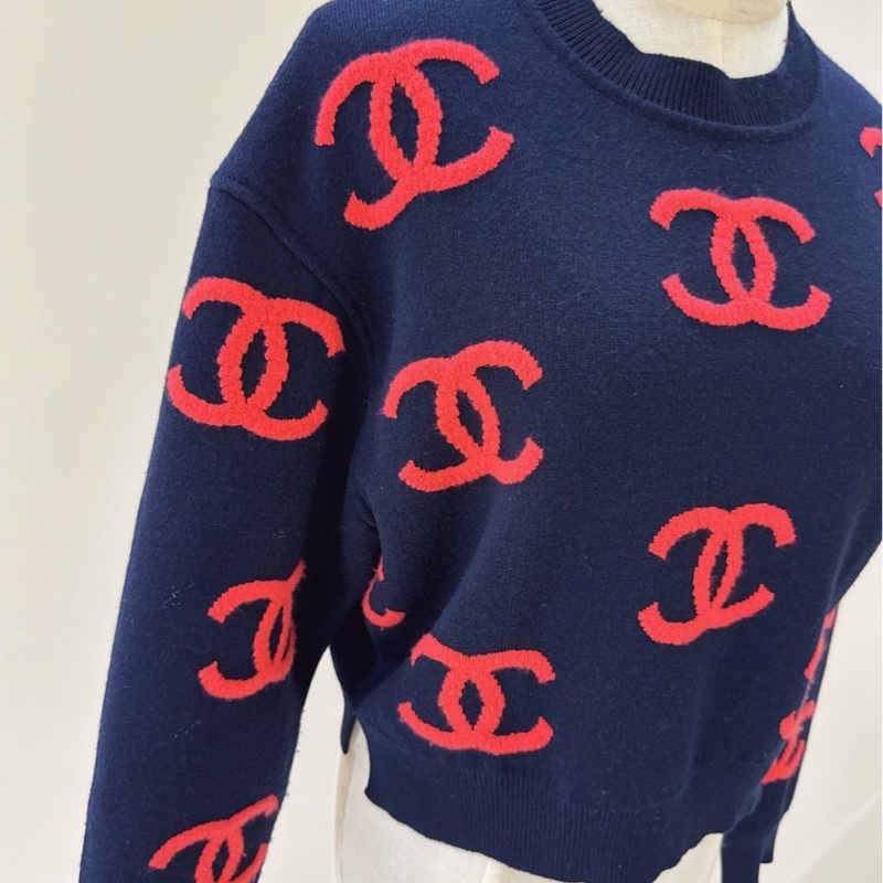 CHANEL 黑底紅色雙C Logo羊絨長袖針織毛衣 36碼-1