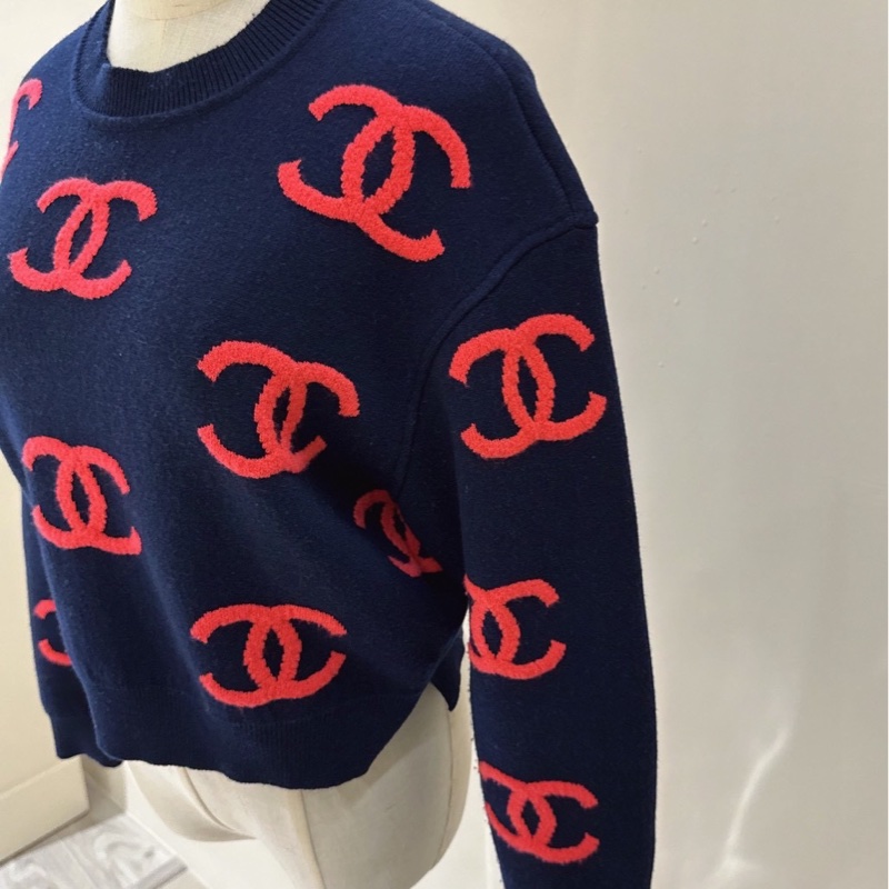 CHANEL 黑底紅色雙C Logo羊絨長袖針織毛衣 36碼-3