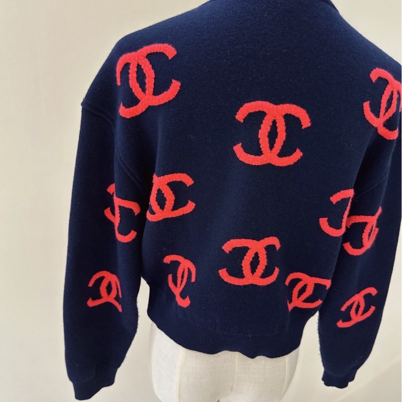 CHANEL 黑底紅色雙C Logo羊絨長袖針織毛衣 36碼-7