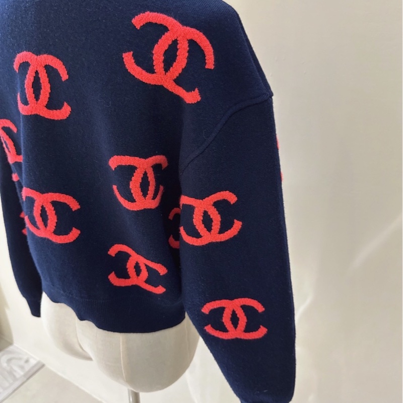 CHANEL 黑底紅色雙C Logo羊絨長袖針織毛衣 36碼-8