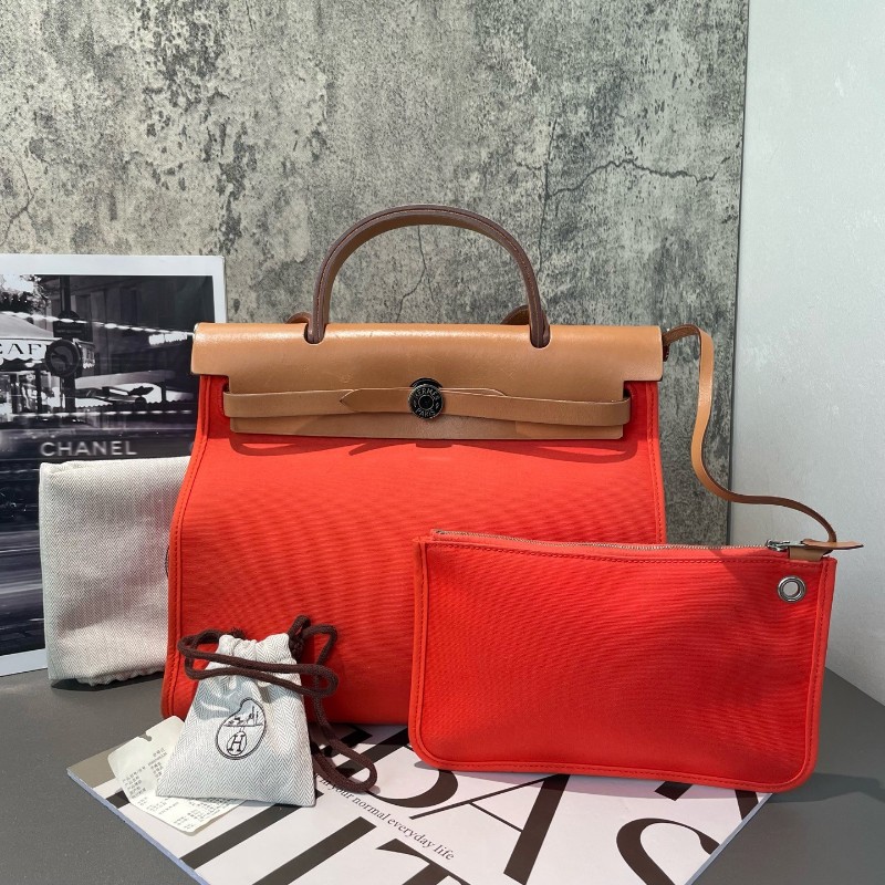 Hermes愛馬仕 銀扣 herbag31 帆布拼皮 肩背包斜背包-0