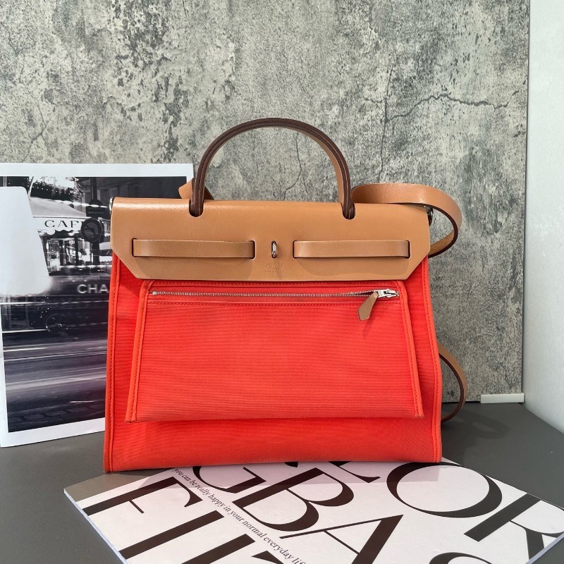 Hermes愛馬仕 銀扣 herbag31 帆布拼皮 肩背包斜背包-1