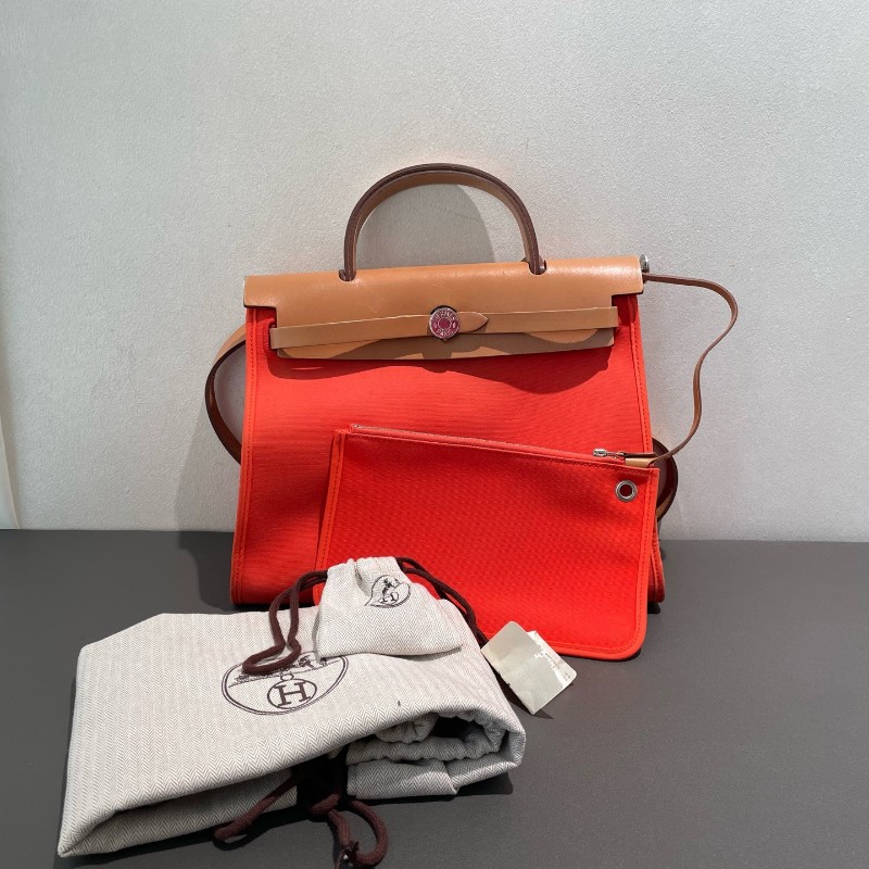 Hermes愛馬仕 銀扣 herbag31 帆布拼皮 肩背包斜背包-4