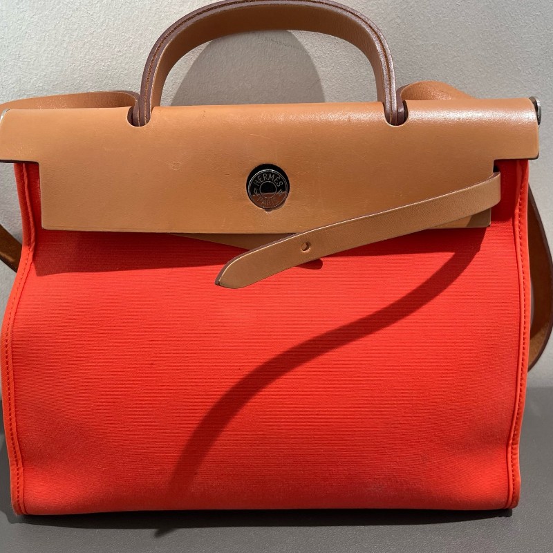 Hermes愛馬仕 銀扣 herbag31 帆布拼皮 肩背包斜背包-5