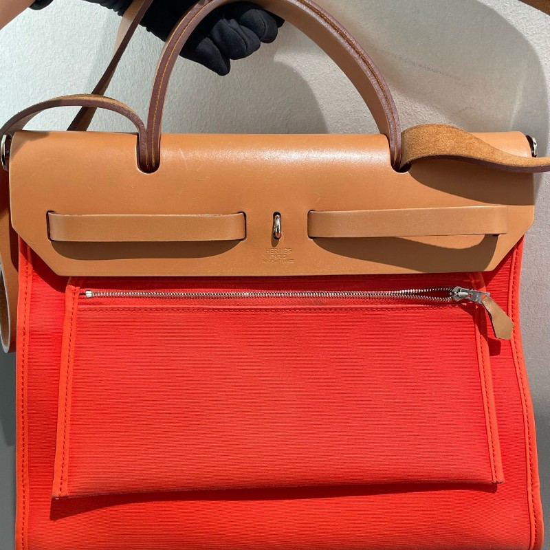 Hermes愛馬仕 銀扣 herbag31 帆布拼皮 肩背包斜背包-8