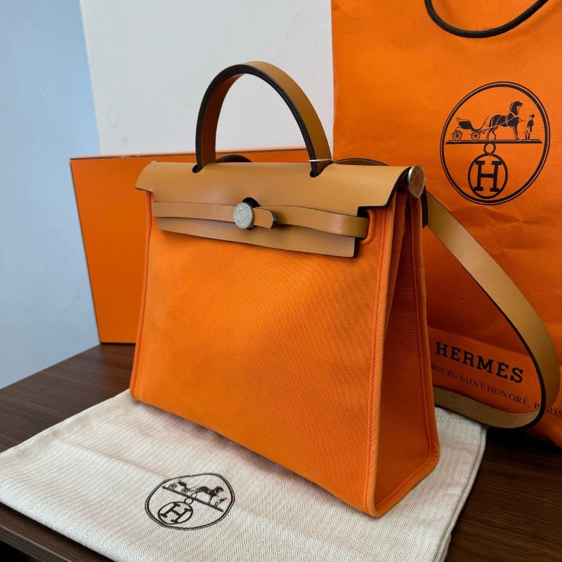 Hermes herbag31 橙色肩背包斜背包 帆布拼皮-2