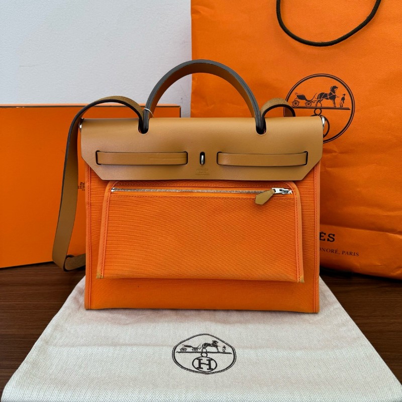 Hermes herbag31 橙色肩背包斜背包 帆布拼皮-3