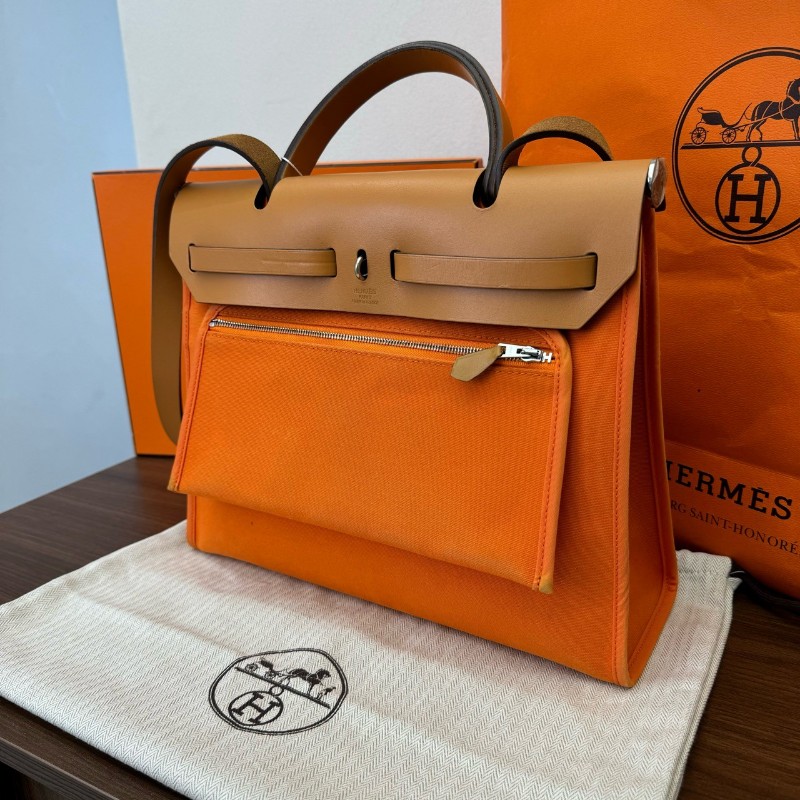 Hermes herbag31 橙色肩背包斜背包 帆布拼皮-4
