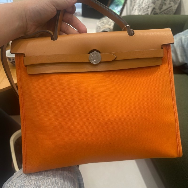 Hermes herbag31 橙色肩背包斜背包 帆布拼皮-5