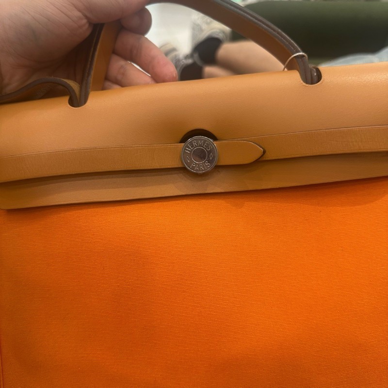 Hermes herbag31 橙色肩背包斜背包 帆布拼皮-6