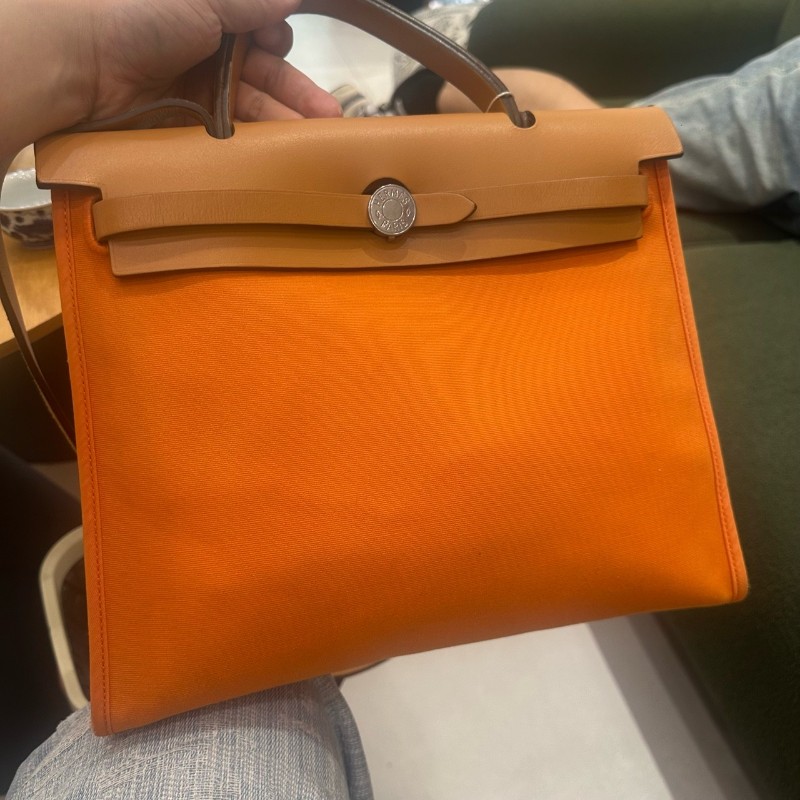Hermes herbag31 橙色肩背包斜背包 帆布拼皮-7