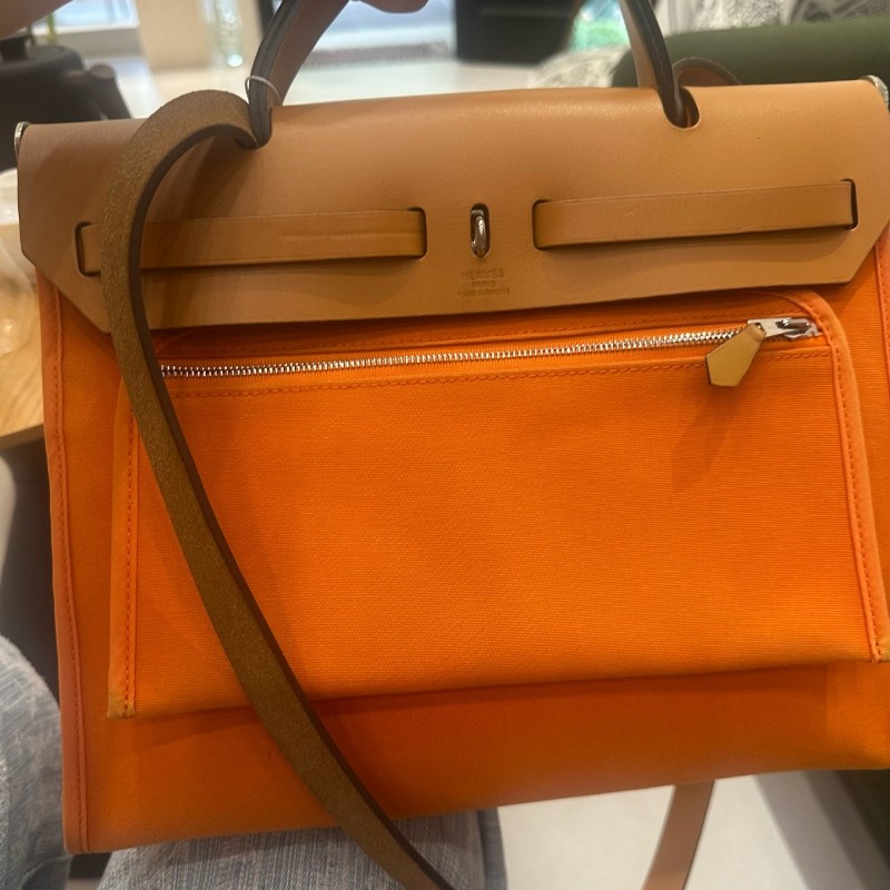 Hermes herbag31 橙色肩背包斜背包 帆布拼皮-8