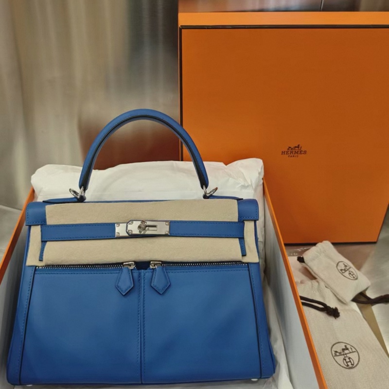 hermes/愛馬仕 Kelly Lakis28 銀扣 i7琉璃藍 swift皮 B刻 大全套-3