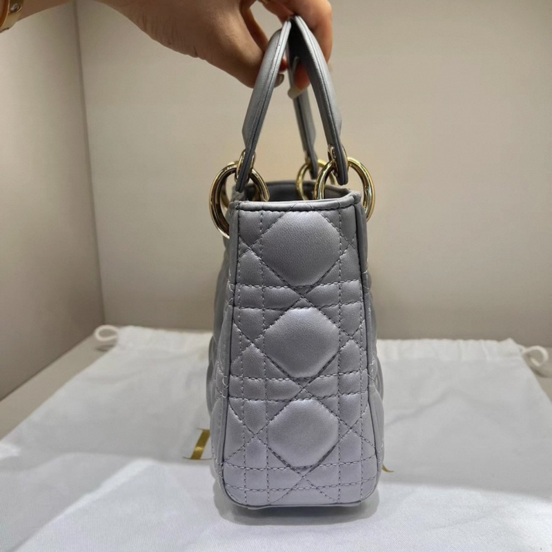 99新 Dior迪奧,lady dior小號三格戴妃珠光灰金扣-3
