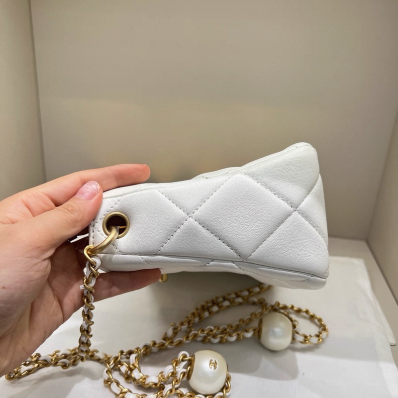 香奈兒芯片款99新 24s 雙珍珠鏈條包白色小羊-3