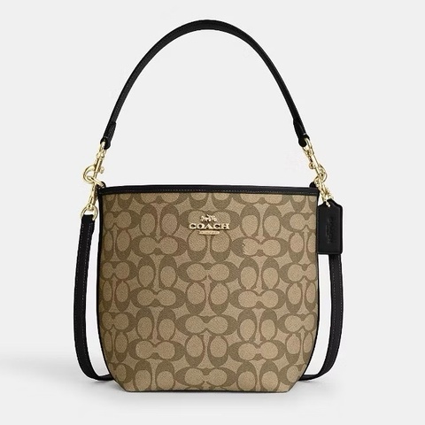 「台灣購證」【COACH】CITY經典Signature 帆布 C LOGO棕色黑邊肩背/斜背兩用水桶包