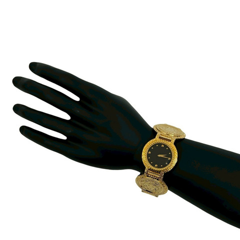 范思哲美杜莎硬幣圖案石英腕錶，金色和黑色，3595b