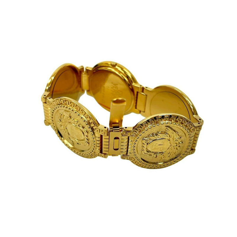 范思哲美杜莎硬幣圖案石英腕錶,金色和黑色,3595b-4