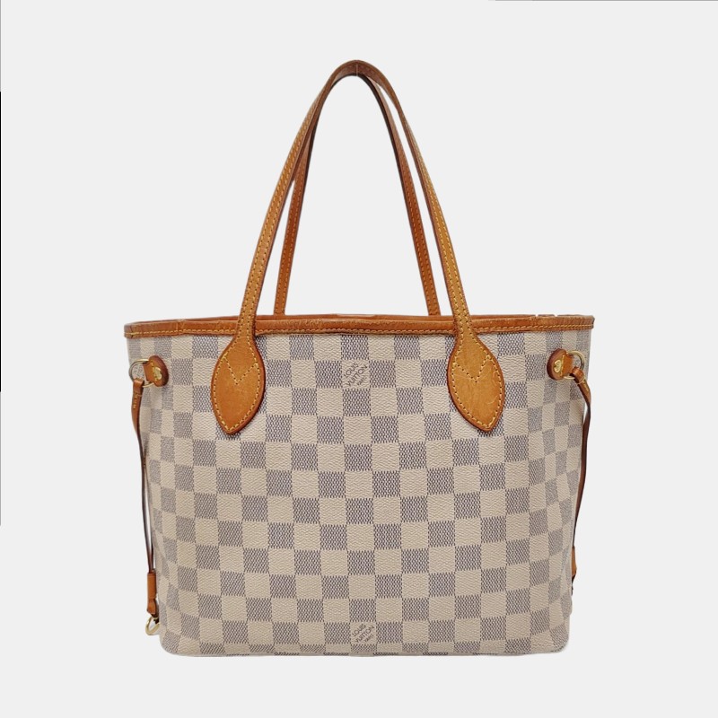 LOUIS VUITTON NEVERFULL 小號 白色塗層帆布棋盤格購物袋.肩背手提包-4