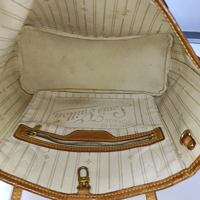 LOUIS VUITTON NEVERFULL 小號 白色塗層帆布棋盤格購物袋.肩背手提包-6