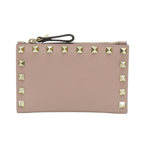 藕粉色 牛皮 鉚釘 金扣 兩折短夾 【Valentino 范倫鐵諾】