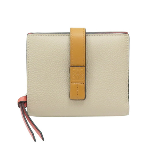 淺棕色/黃色/橘粉色 牛皮 銀扣 兩折短夾【LOEWE 羅威】