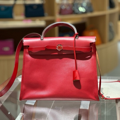 爱马仕Hermes herbag31辣椒红防雨布珐琅扣