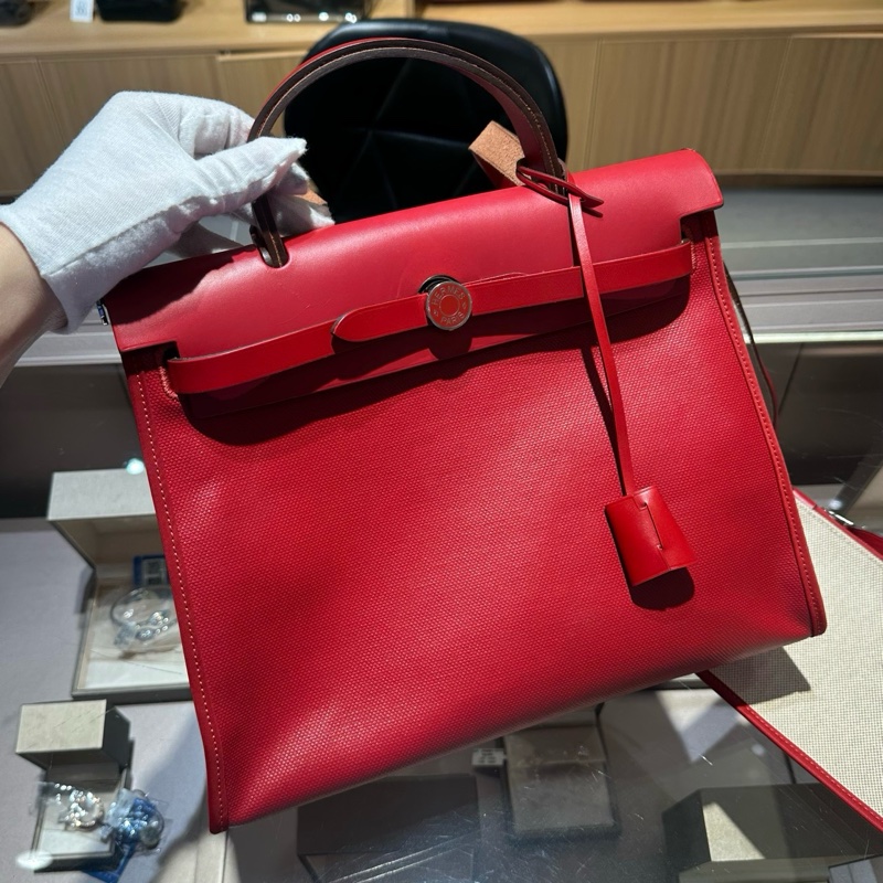 爱马仕Hermes herbag31辣椒红防雨布珐琅扣-2