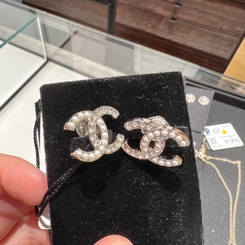 Chanel 25B 雙C耳夾 珍珠加水鑽-0