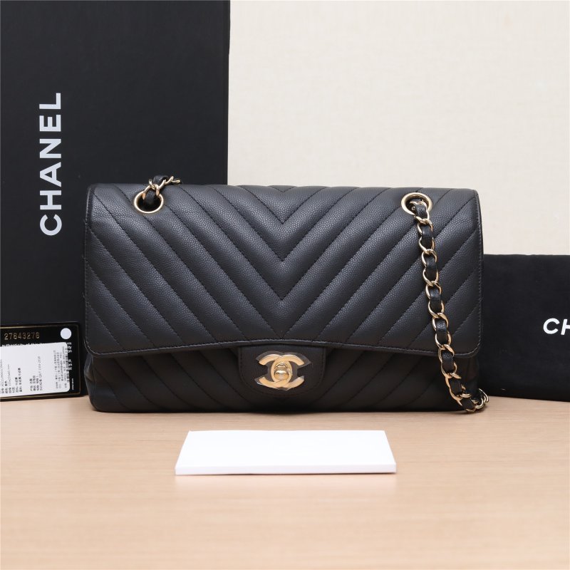 CHANEL CF口蓋包中號25.5黑色荔枝牛皮27開金扣V紋肩背包-0