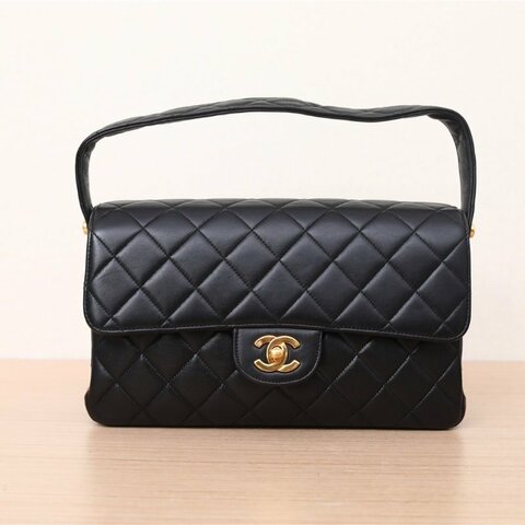 CHANEL 中古黑金羊雙子星手提包黑色4開肩背包