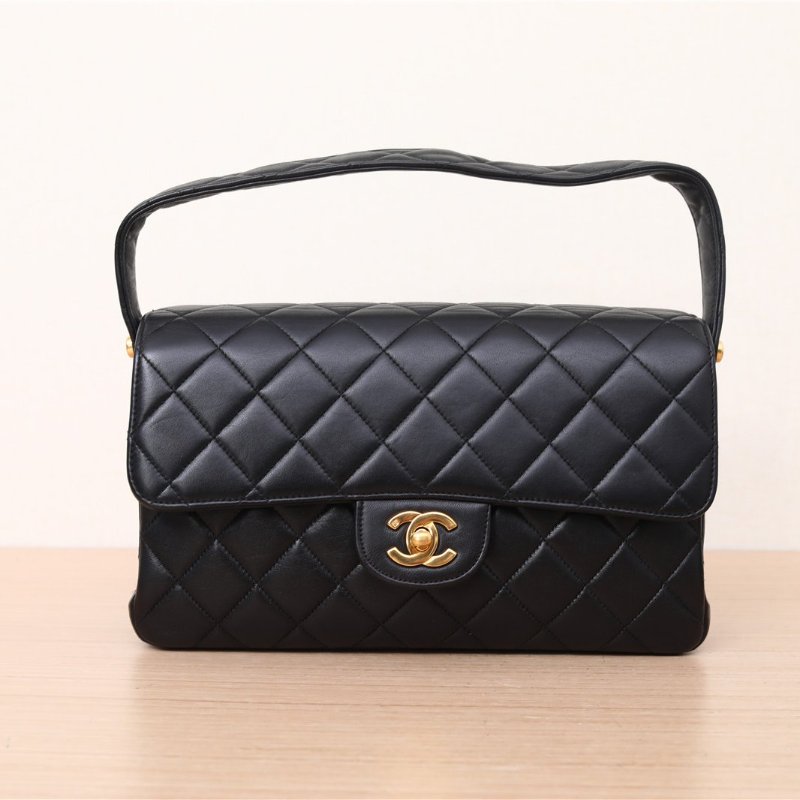 CHANEL 中古黑金羊雙子星手提包黑色4開肩背包-0