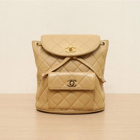 CHANEL 中古米金羊Duma雙肩包米駝色3開肩背包