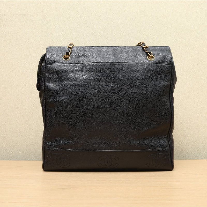 CHANEL 中古黑金牛金球手提包黑色3開肩背包-3