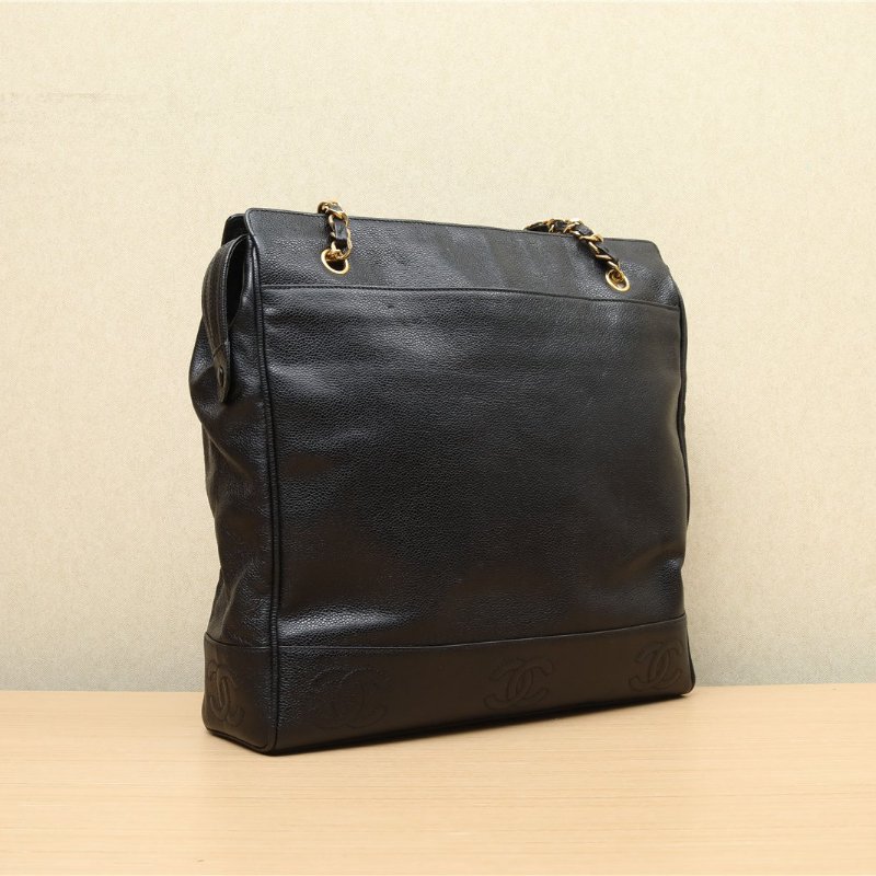 CHANEL 中古黑金牛金球手提包黑色3開肩背包-4