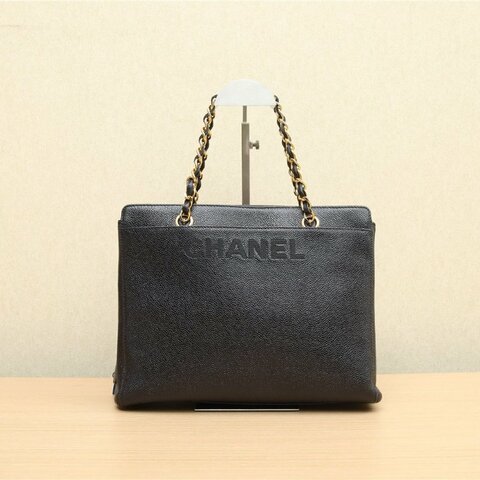 CHANEL 中古黑金牛暗紋logo奶粉包黑色4開肩背包