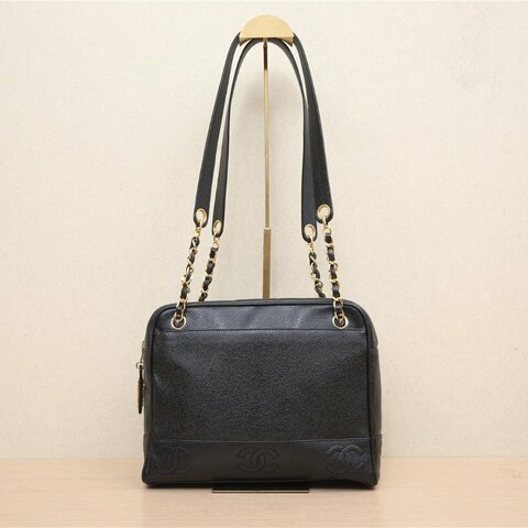 CHANEL 中古黑金羊書包扣WOC23黑色羊皮1開肩背包