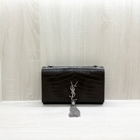 YSL深咖啡色銀鍊牛皮鱷魚壓紋中號KATE流蘇斜背包