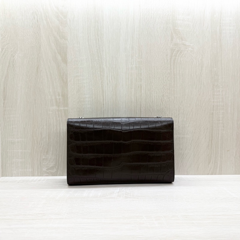 YSL深咖啡色銀鍊牛皮鱷魚壓紋中號KATE流蘇斜背包-1