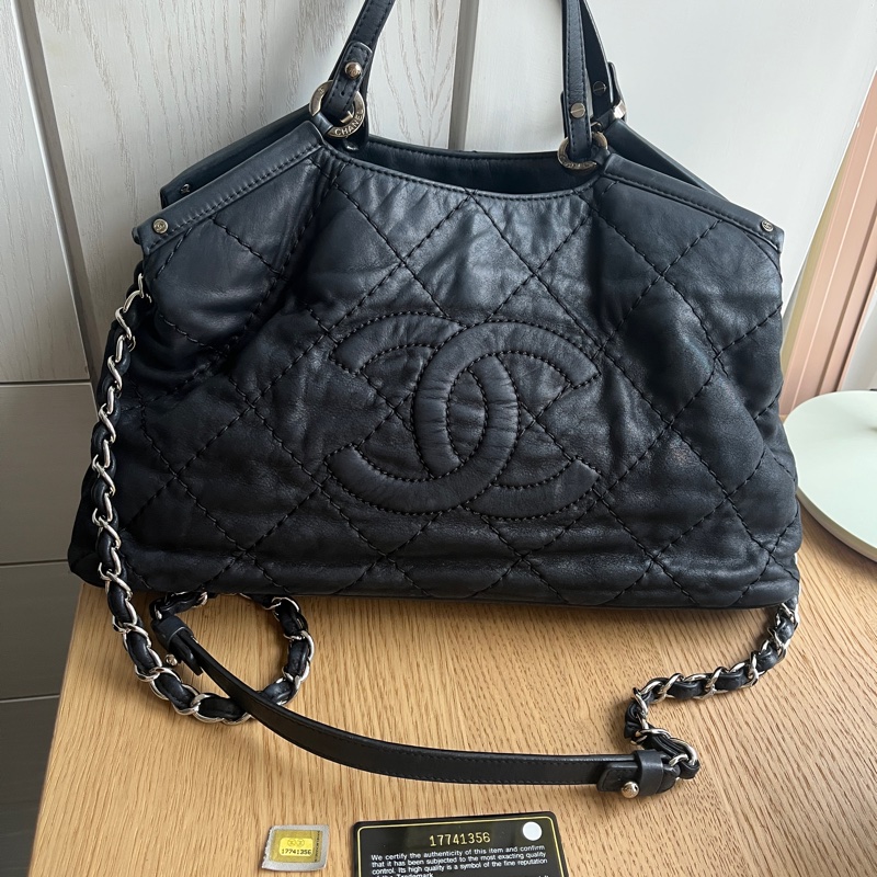 Chanel Vintage Wild Stitch Sea Hit Tote 黑色菱格皮革雙用包-3