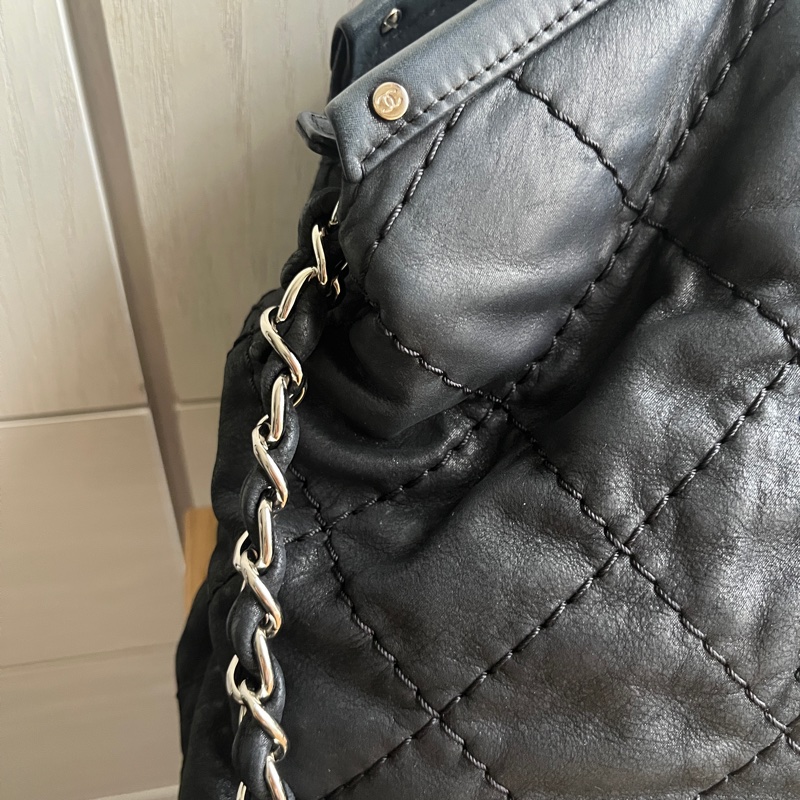 Chanel Vintage Wild Stitch Sea Hit Tote 黑色菱格皮革雙用包-6