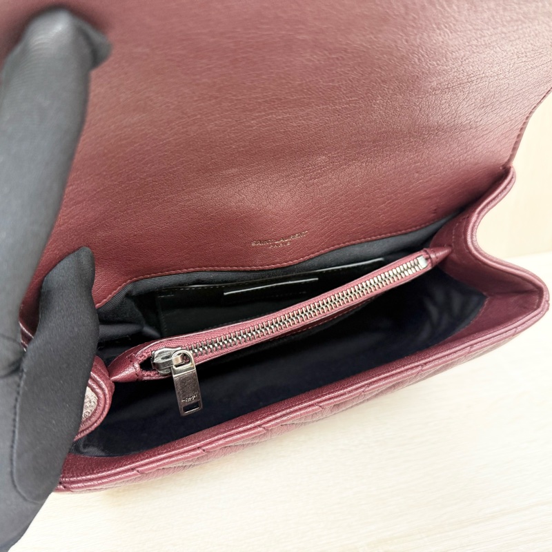 YSL酒紅色牛皮銀扣COLLEGE學院包/487213-17